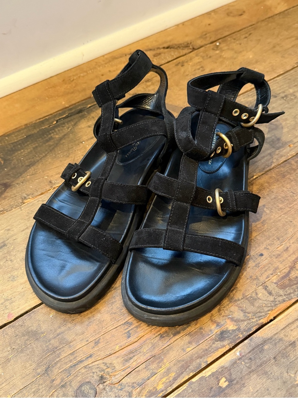 Gianvito Rossi Black Suede Strappy Sandals with Gold Buckles